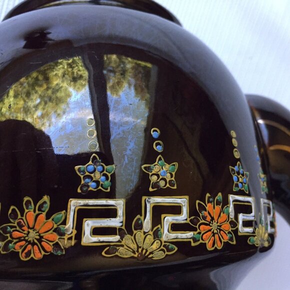 Hand Painted Black Teapot Floral Flower Art Ornate Pottery Made in Japan Vintage - Picture 7 of 12